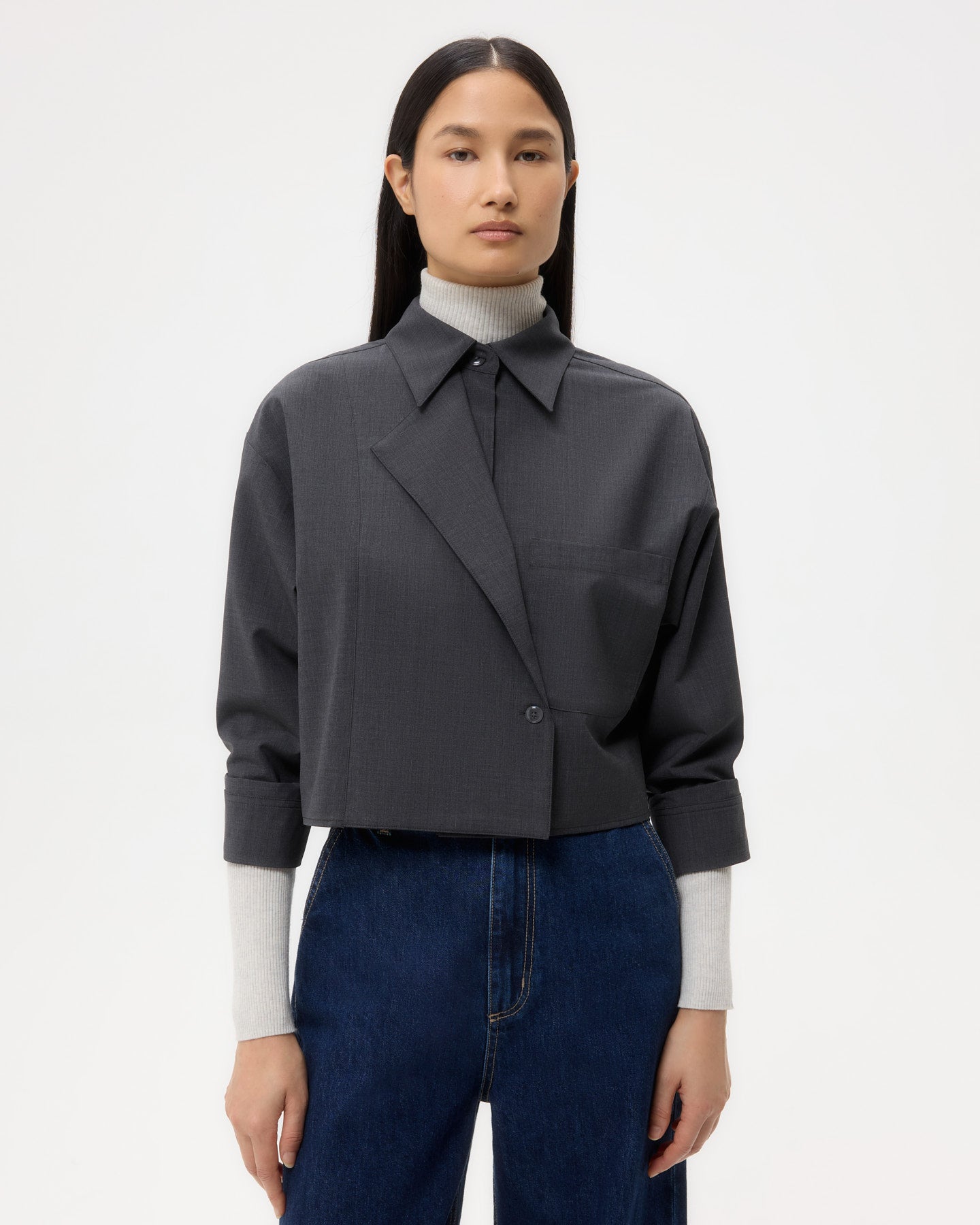 TWP Charcoal Next Chapter Shirt in Micro Herringbone Suiting view 2