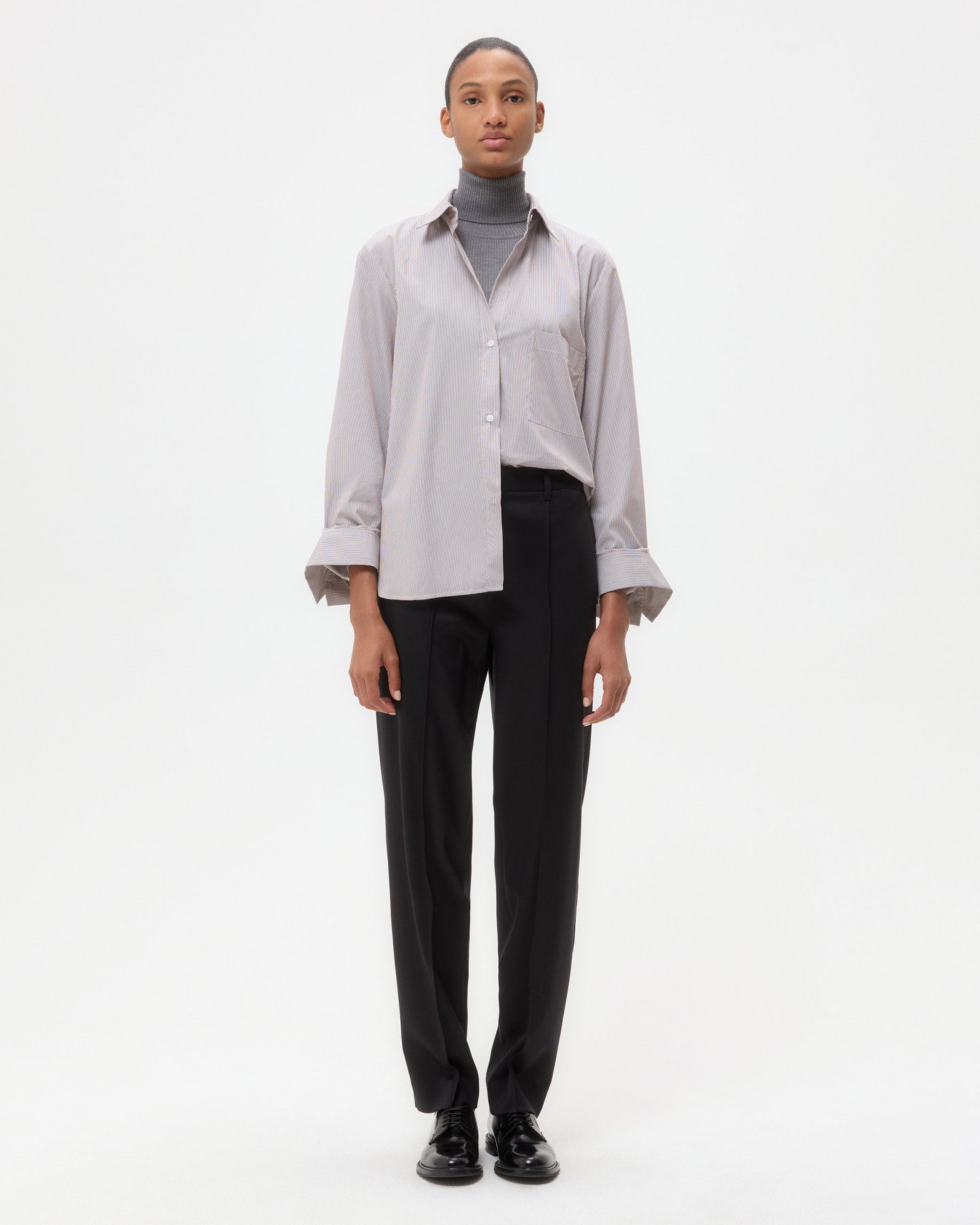 TWP White/chocolate Next Morning Shirt in Superfine Mini Stripe view 6