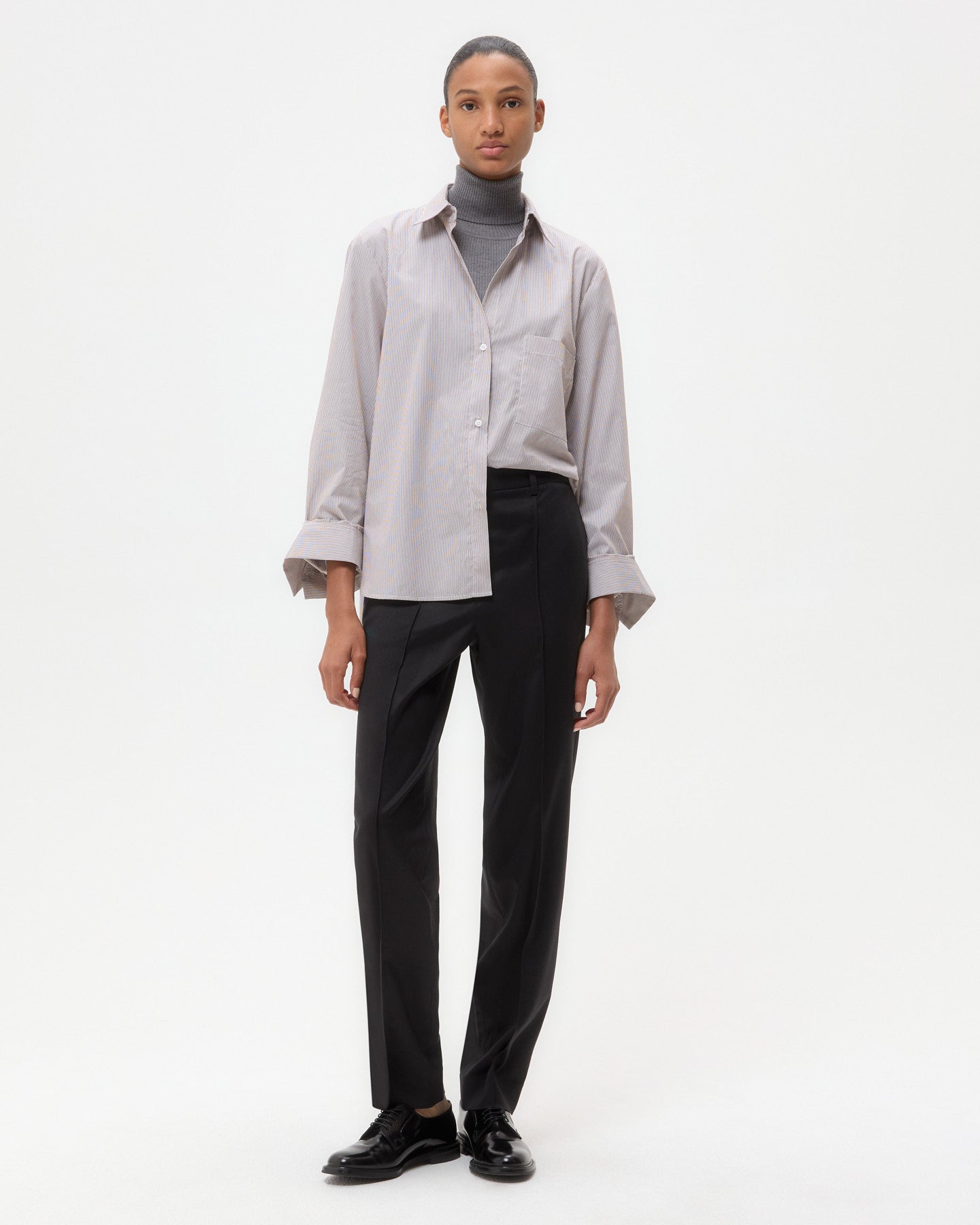 TWP White/chocolate Next Morning Shirt in Superfine Mini Stripe view 2