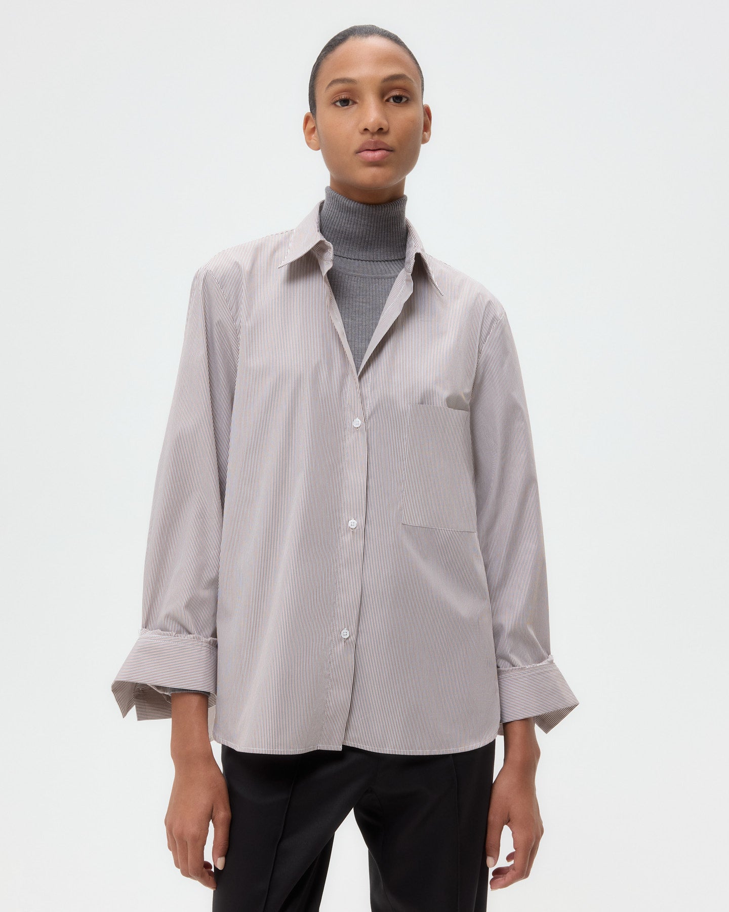 TWP White/chocolate Next Morning Shirt in Superfine Mini Stripe view 1