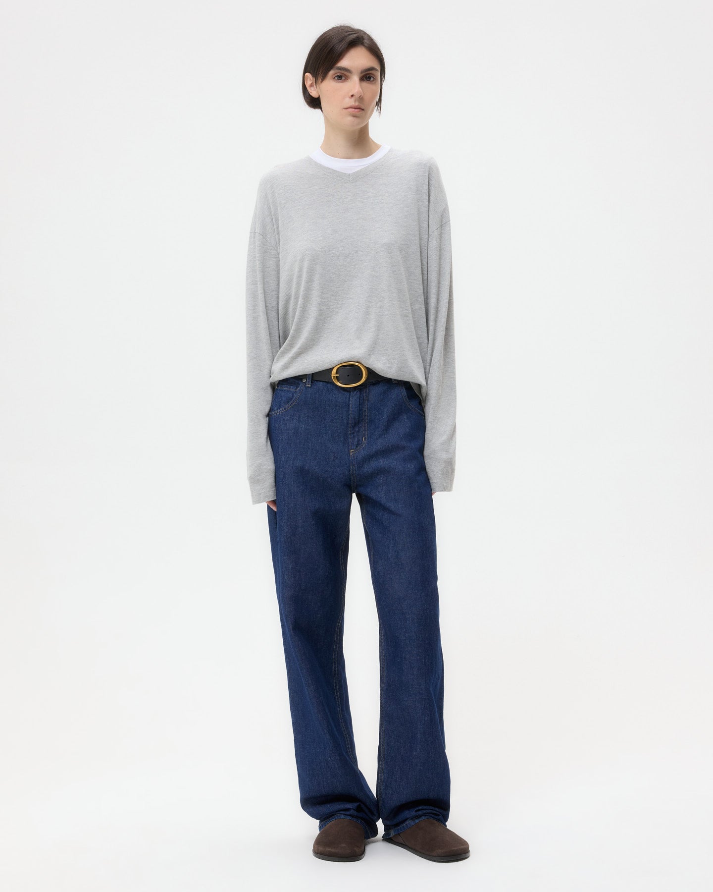 TWP Light heather grey LS High V Shirt in Supima Cotton view 1