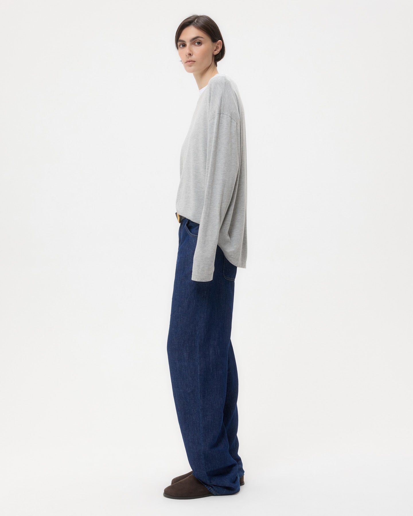 TWP Light heather grey LS High V Shirt in Supima Cotton view 4