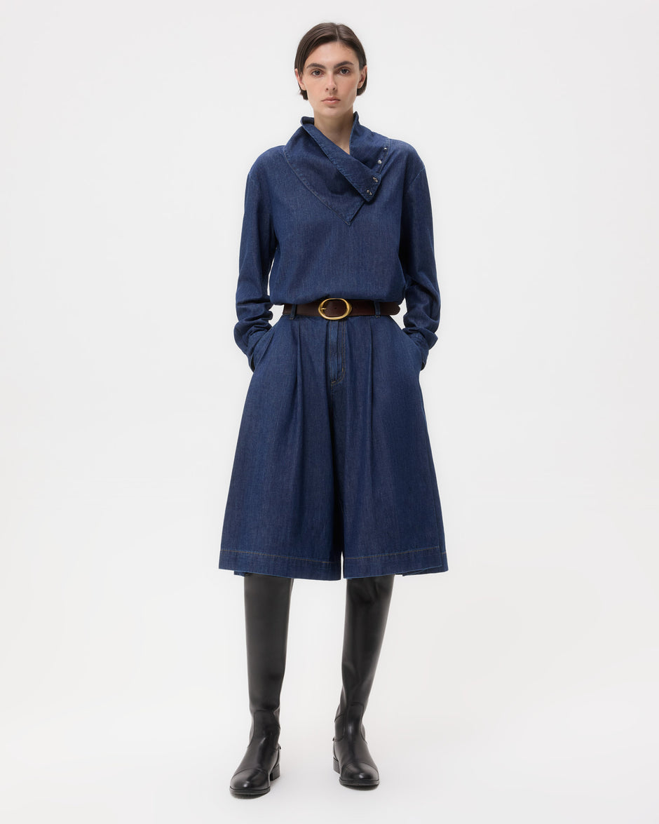 TWP Dark stone Steffens Short in Shirting Denim view 4