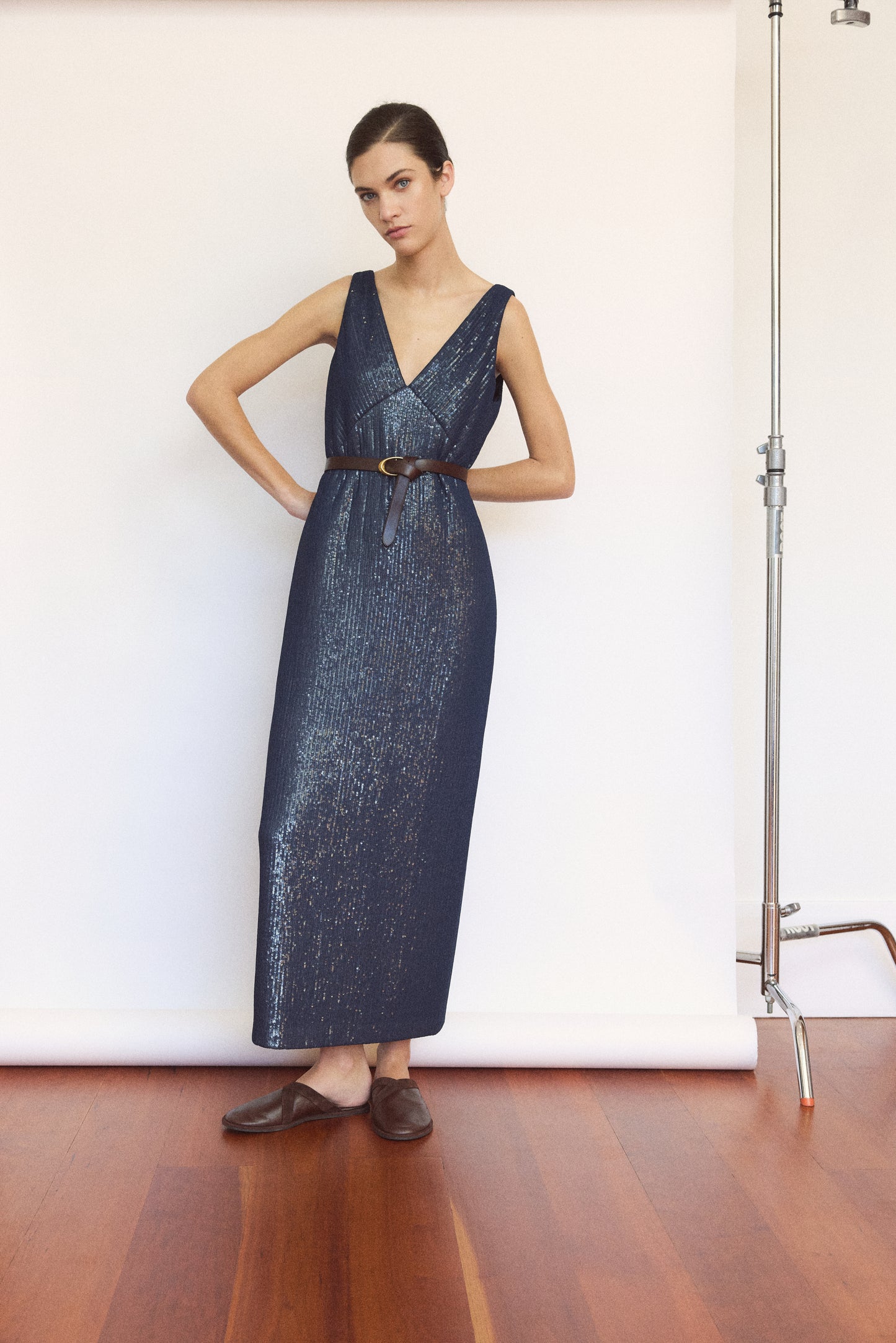 TWP Dark navy Deep V Dress in Chiffon Encased Pailettes view 1
