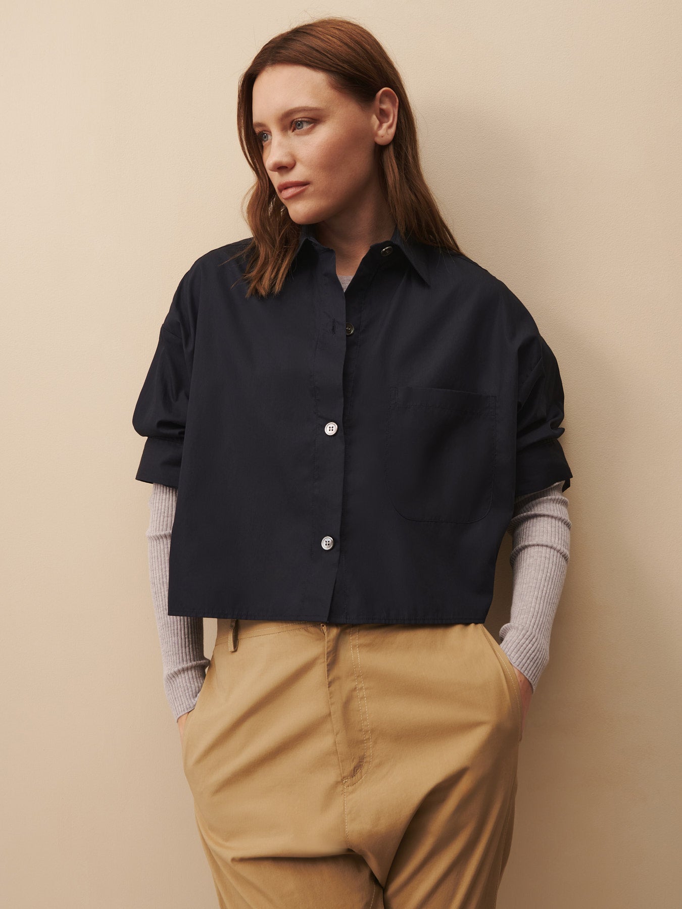 Next Ex Cotton Cropped Shirt in Baby Blue