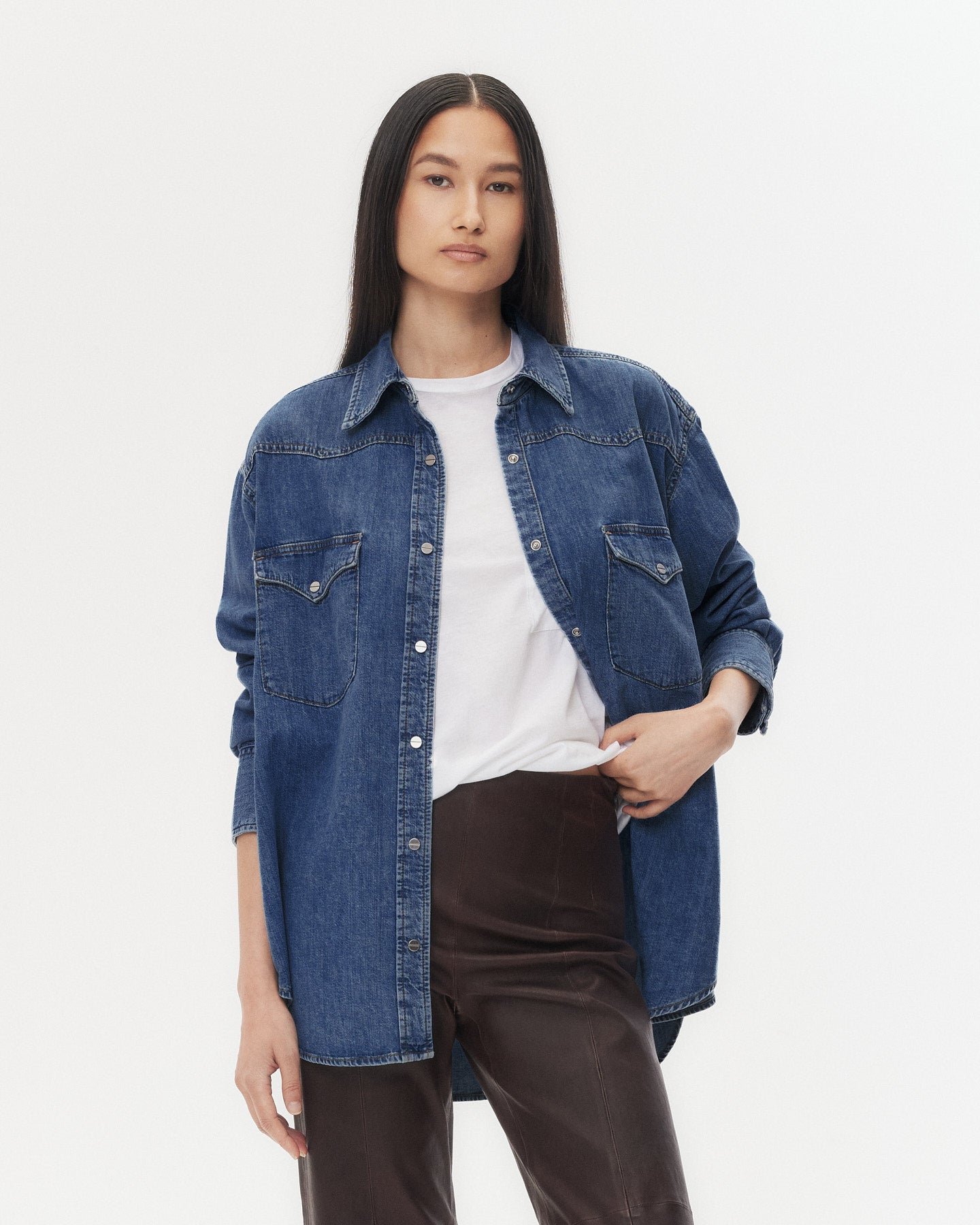 TWP Dark wash OG Supersized Ranchers Shirt in Denim Shirting view 1