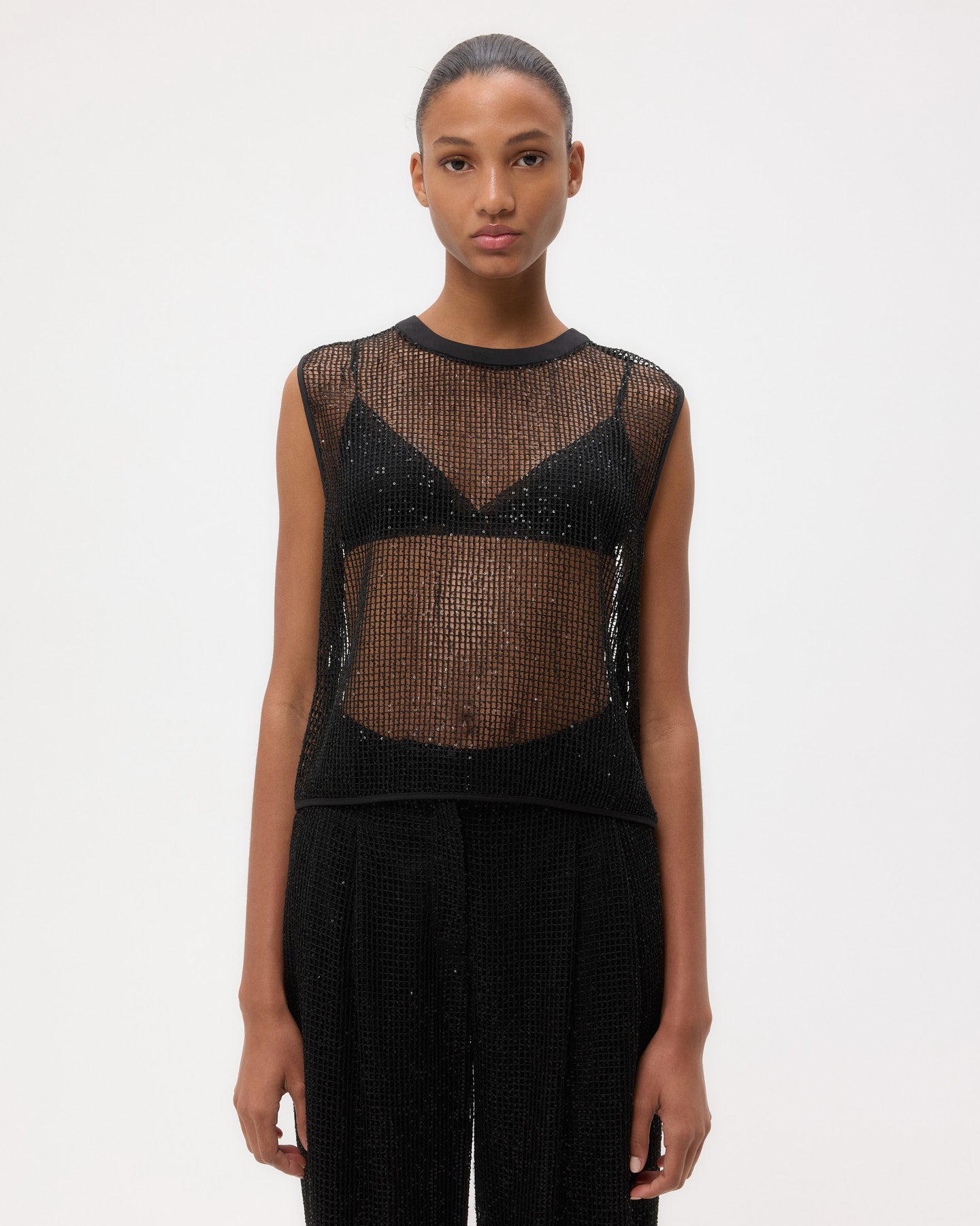 TWP Black Short Muscle Tank in Mini Sequin Netting view 3