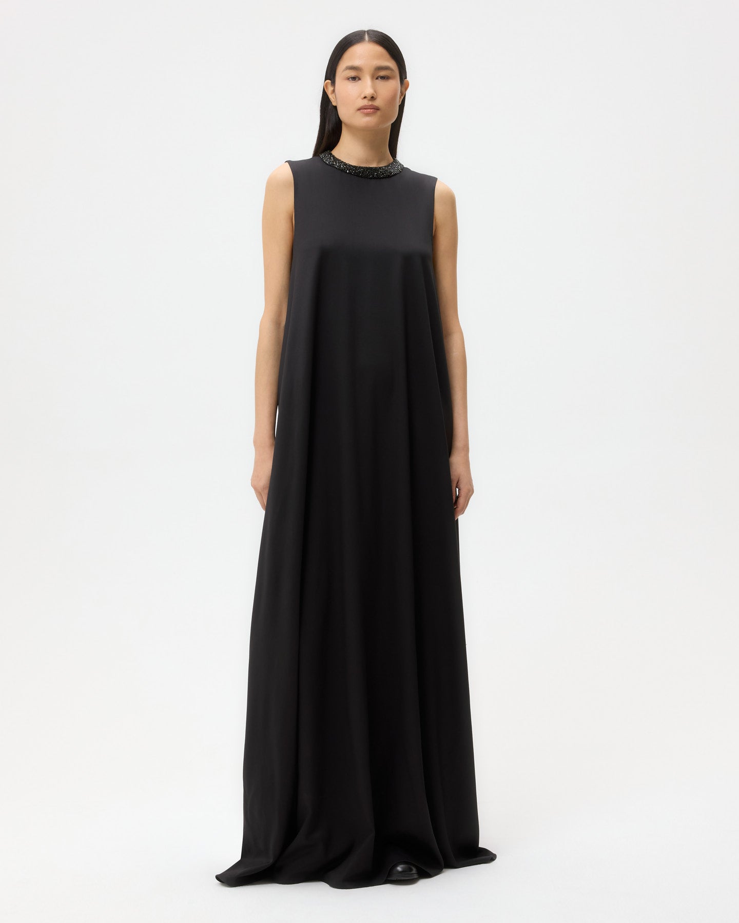 TWP Black Capitol Dress With Crystal Collar in Silk Finish Twill view 1