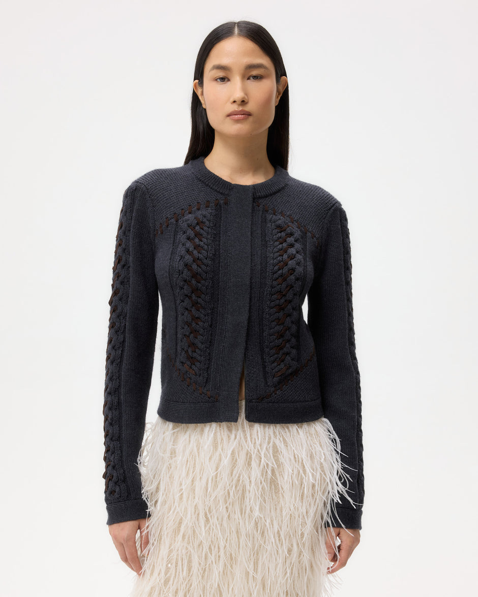 TWP Charcoal Suede Cable Sweater Jacket in Merino Wool view 2