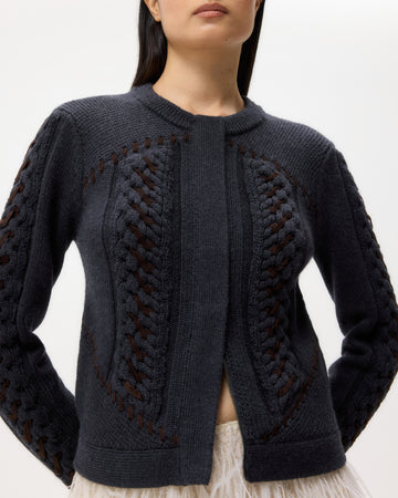 TWP Charcoal Suede Cable Sweater Jacket in Merino Wool view 1