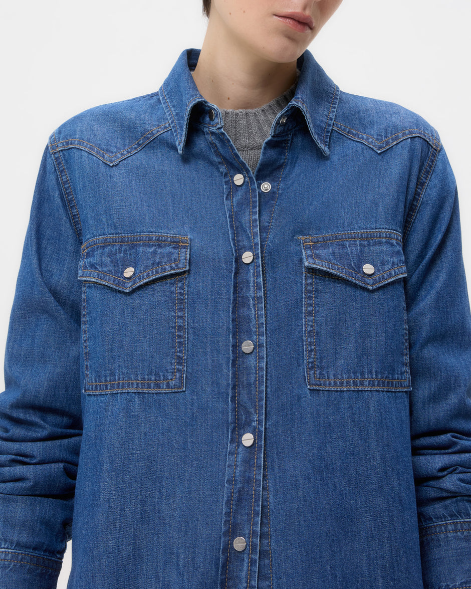 TWP Paris Cowboy Take Me Away Shirt in Denim Shirting view 4