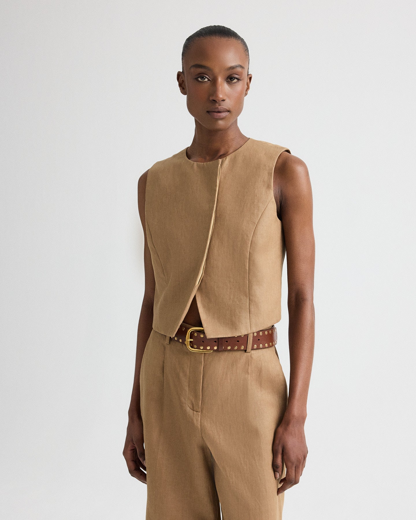 Ermine High Neck Hidden Placket Vest in Chintzed Linen | TWP