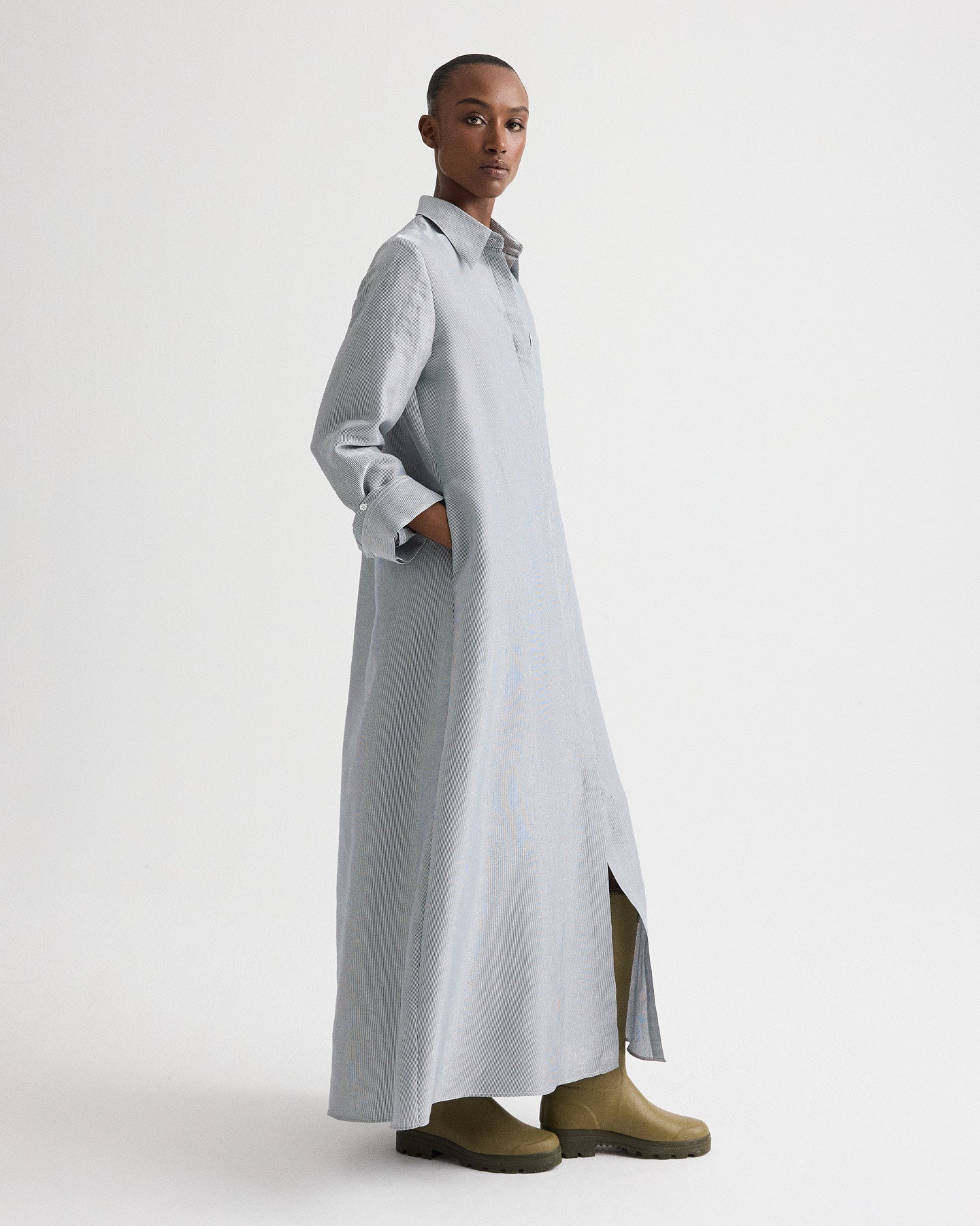 TWP Women's Jenny's Gown in Glossy Mini Stripe - White / Blue