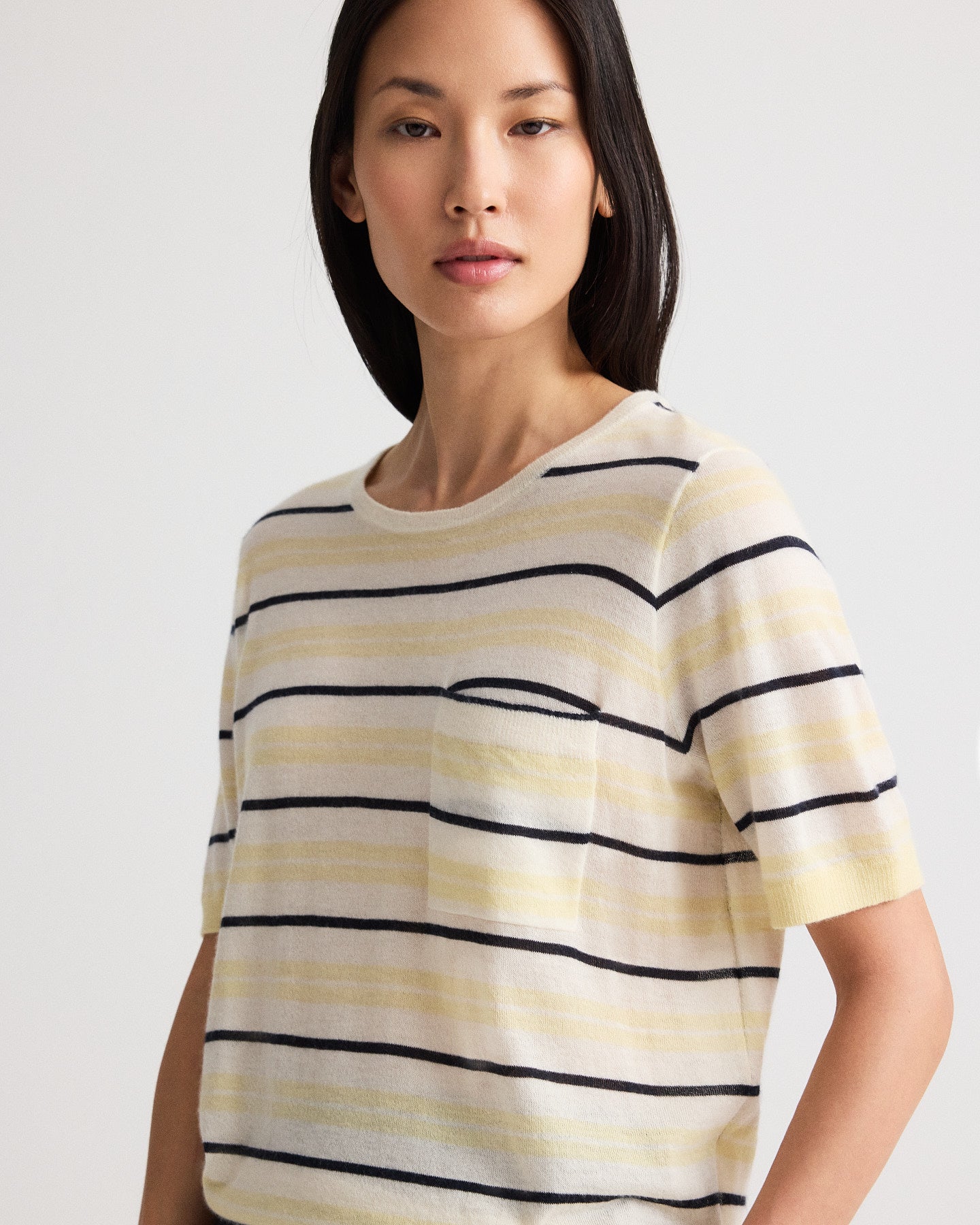 Ivory multi Striped Short Sleeve Tee in Superfine Cashmere | TWP