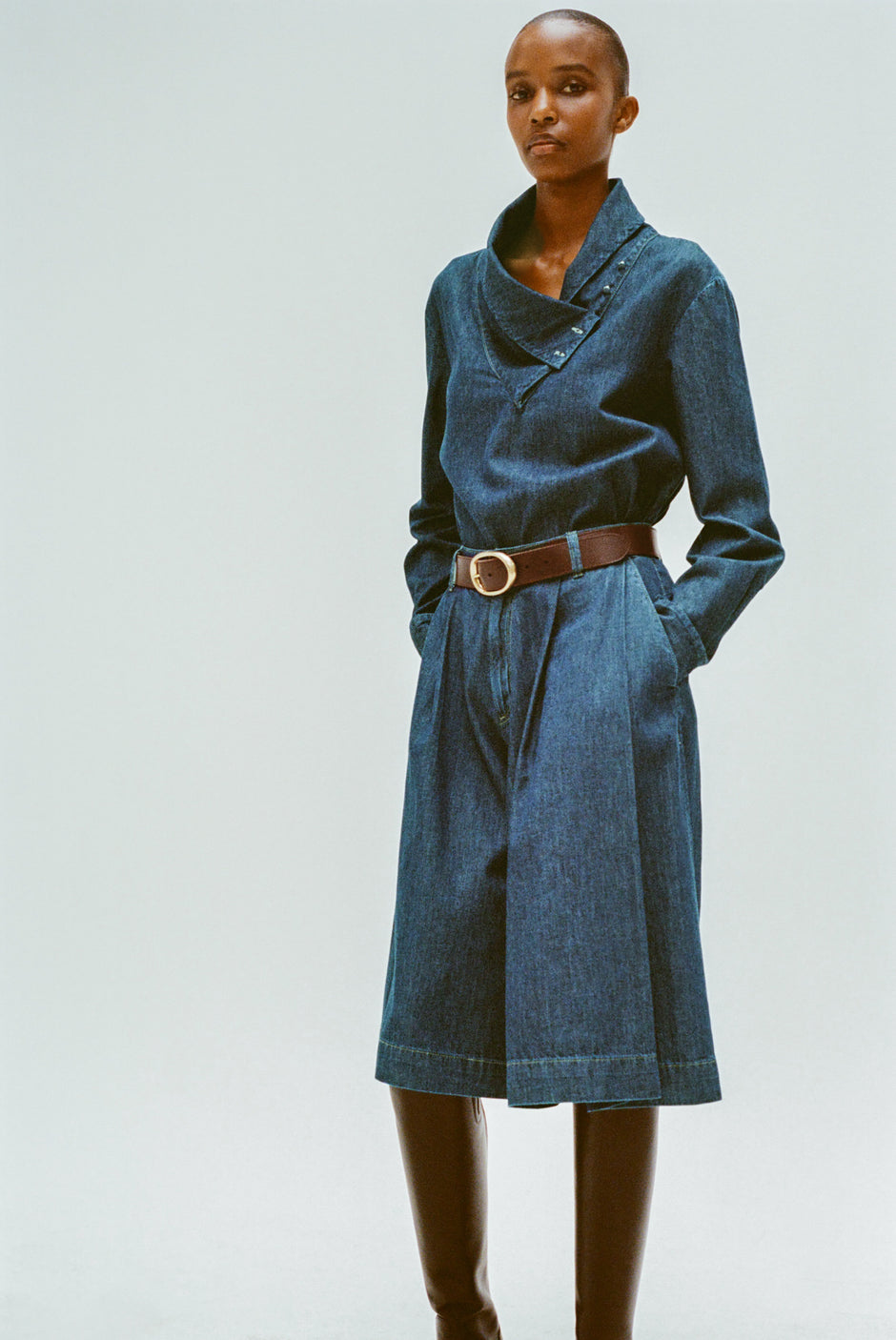 TWP Dark stone Steffens Short in Shirting Denim view 1