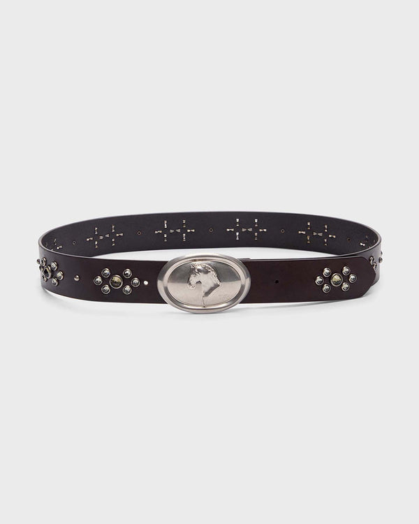 TWP Dakota / antique silver Buckle Bunny with Crystals and Horse Motif in Vachetta Leather view 1