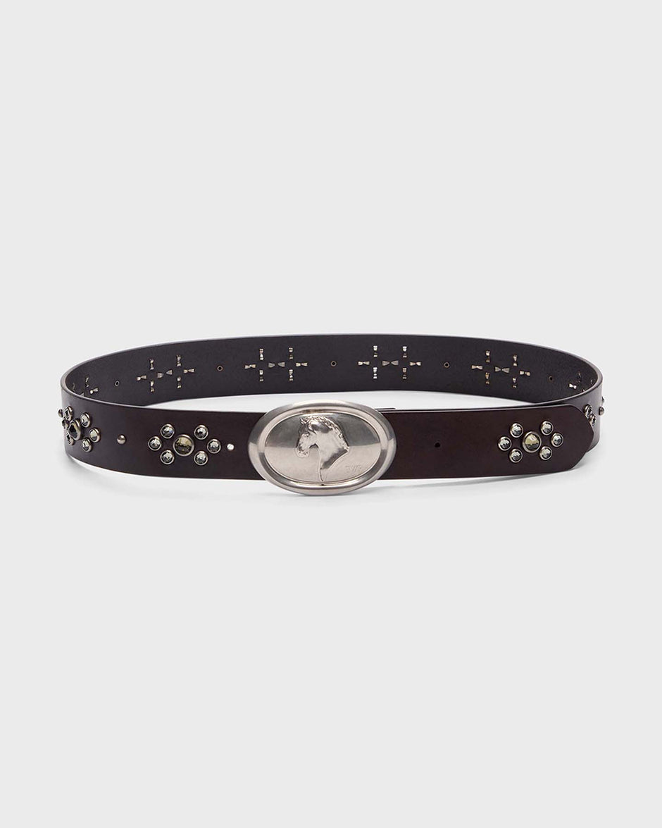 TWP Dakota / antique silver Buckle Bunny with Crystals and Horse Motif in Vachetta Leather view 1