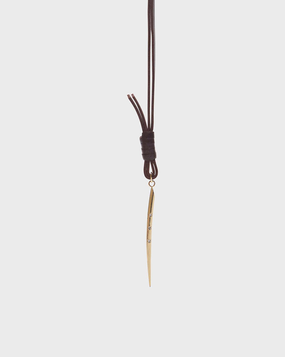 TWP Light antique gold Thin Spike Necklace in Leather view 3