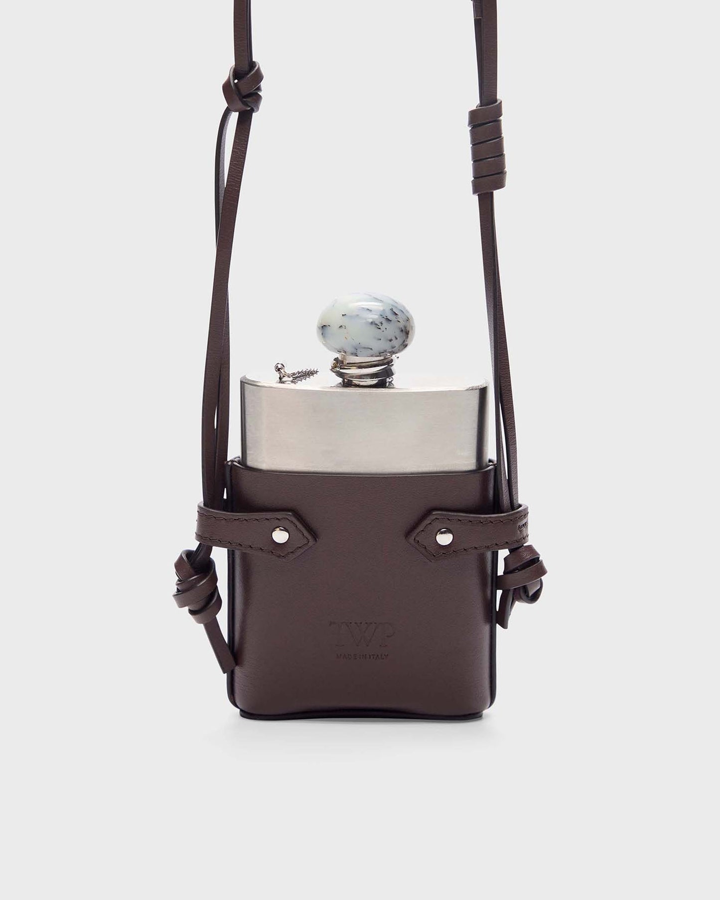 TWP Chocolate silver Flask Necklace with Stone Top in Leather view 3