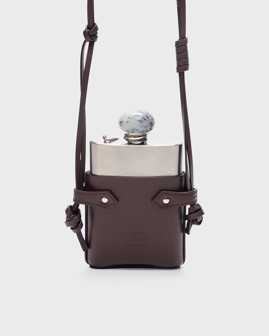 TWP Chocolate silver Flask Necklace with Stone Top in Leather view 3