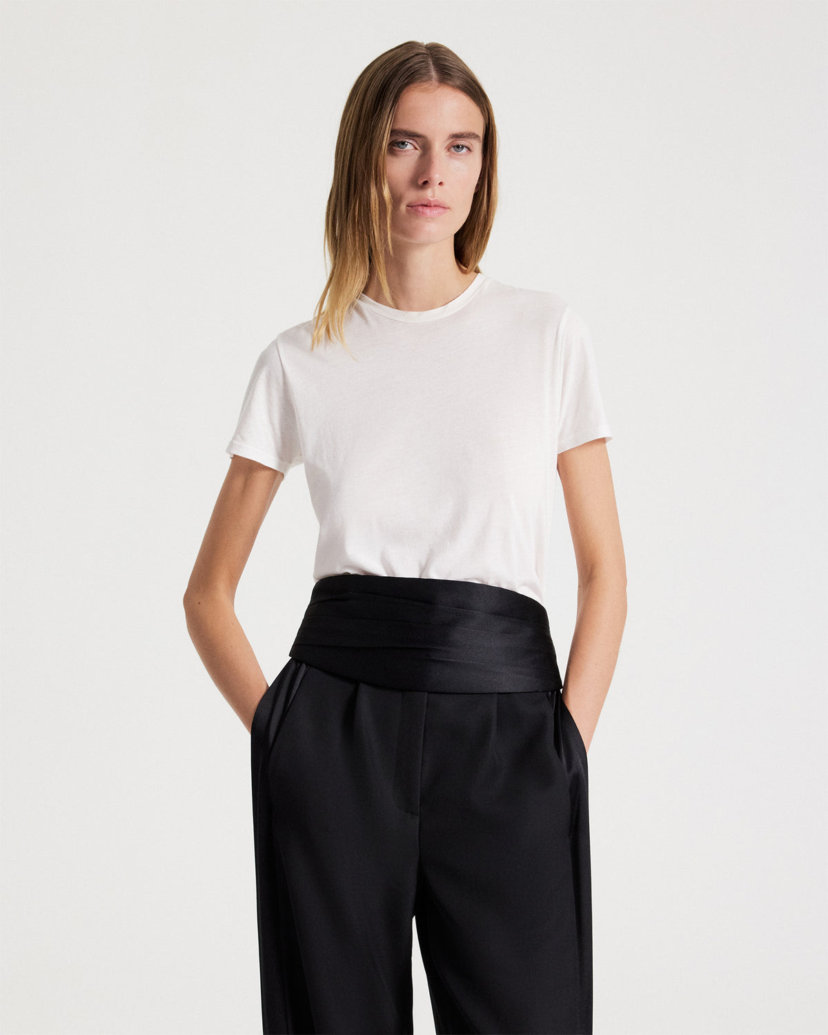 TWP Black Pleated Cummerbund in Crepe Back Satin view 2