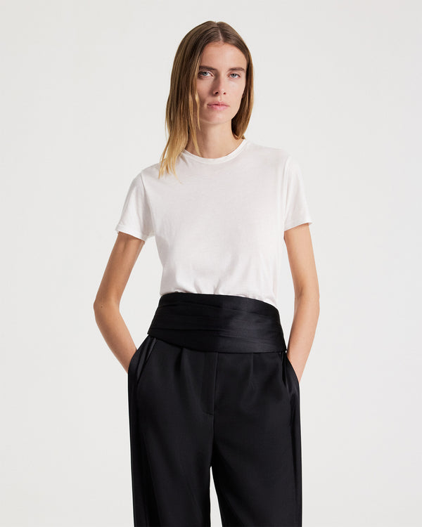TWP Black Pleated Cummerbund in Crepe Back Satin view 2