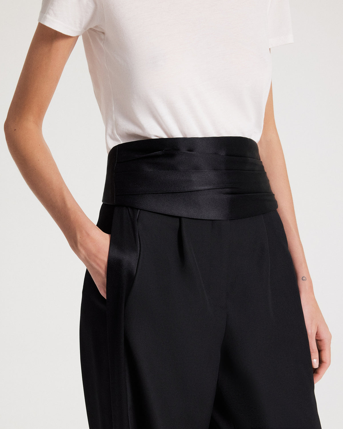 TWP Black Pleated Cummerbund in Crepe Back Satin view 3