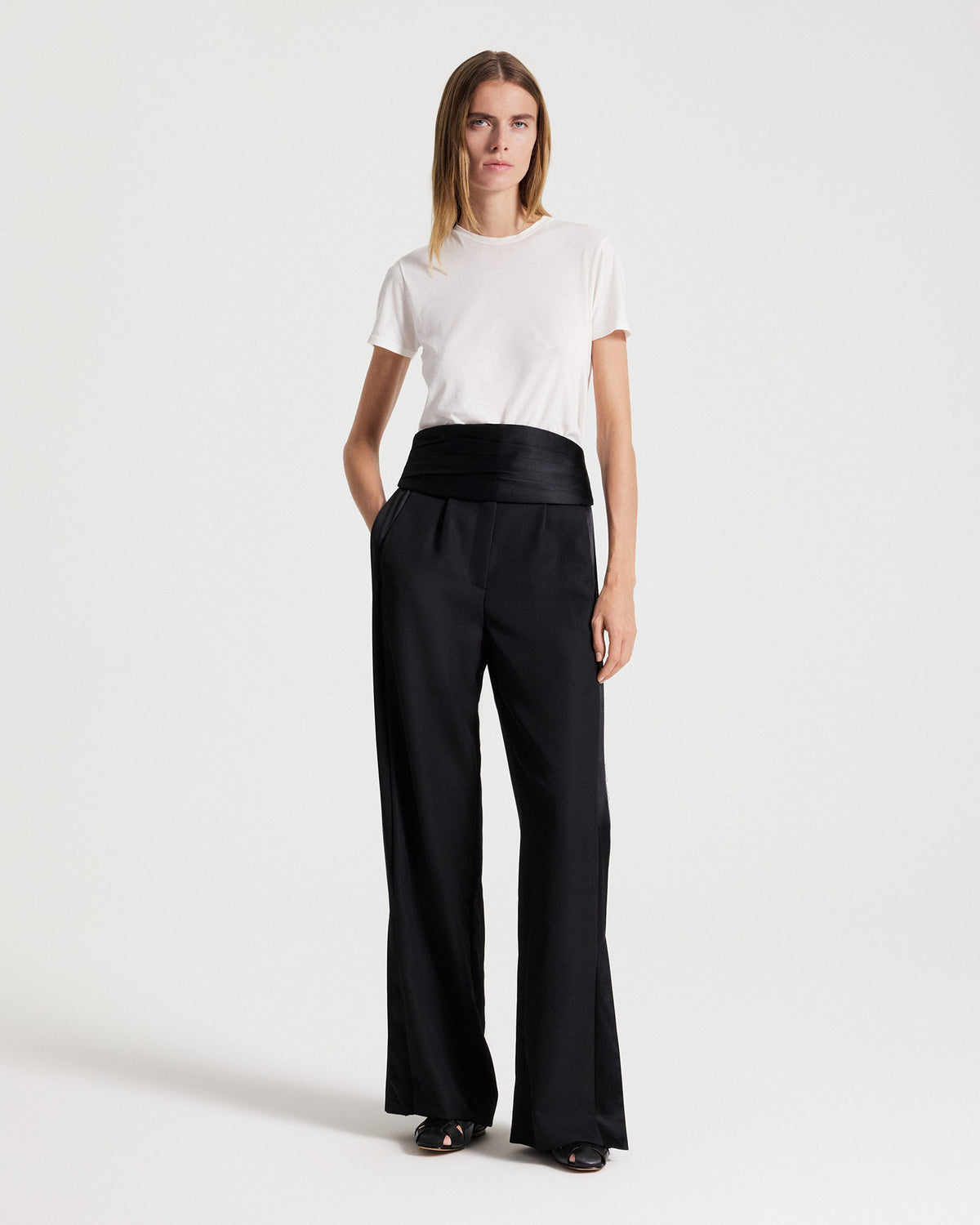 TWP Black Pleated Cummerbund in Crepe Back Satin view 1