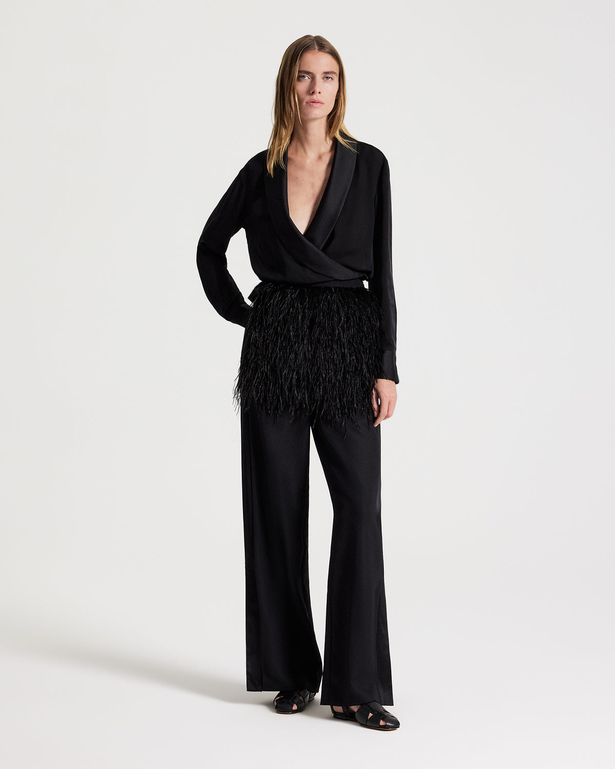 TWP Black Ostrich Belt in Featherweight Sequin view 1