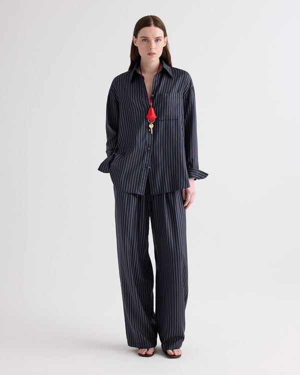 TWP Blue nights / turkish coffee Big Joe Shirt in Evening Stripe on Silk view 3