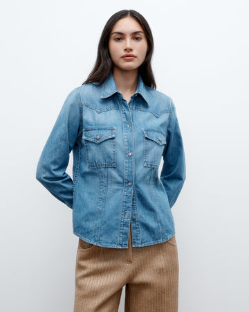 TWP Vintage wash Mustang Sally Shirt in Denim Shirting view 1