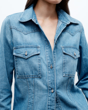 TWP Vintage wash Mustang Sally Shirt in Denim Shirting view 1