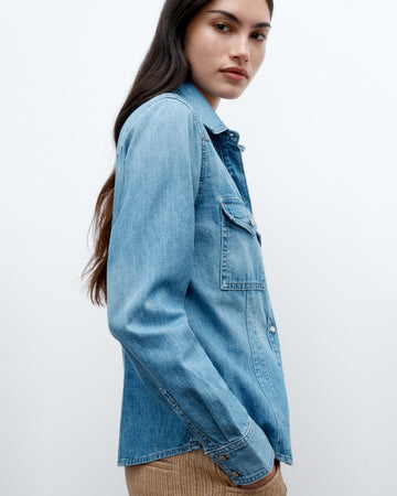 TWP Vintage wash Mustang Sally Shirt in Denim Shirting view 1