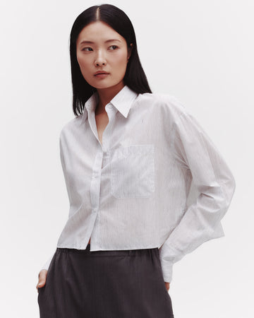 TWP White / charcoal Little Big Joe Shirt in Faint Linen Stripe view 3