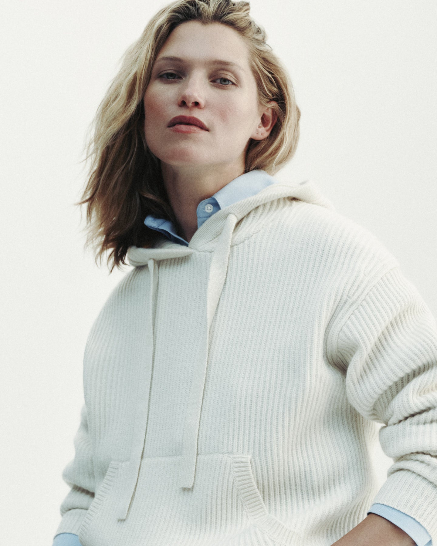 TWP Ivory Ribbed Hoodie in Cashmere view 6