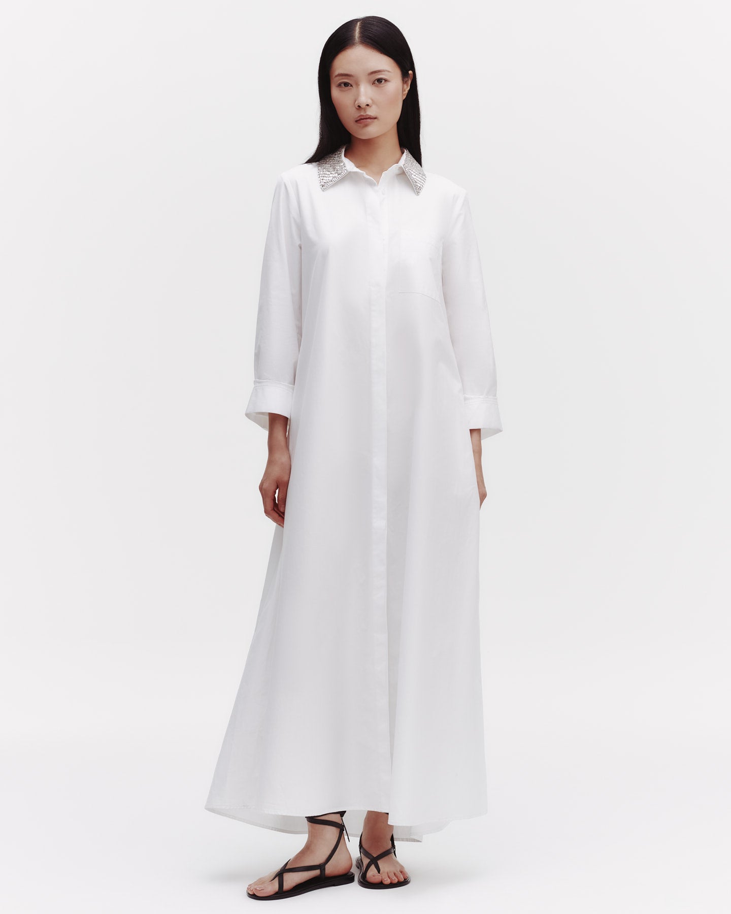 TWP White Jenny's Gown with Crystal Collar in Cotton Shirting view 3