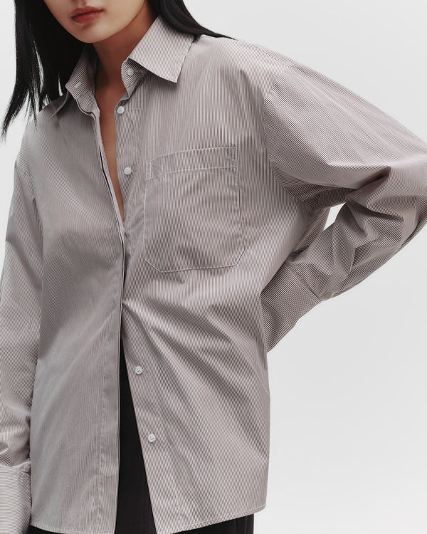 TWP White/chocolate E.B. Shirt in Superfine Cotton Mini Stripe view 2