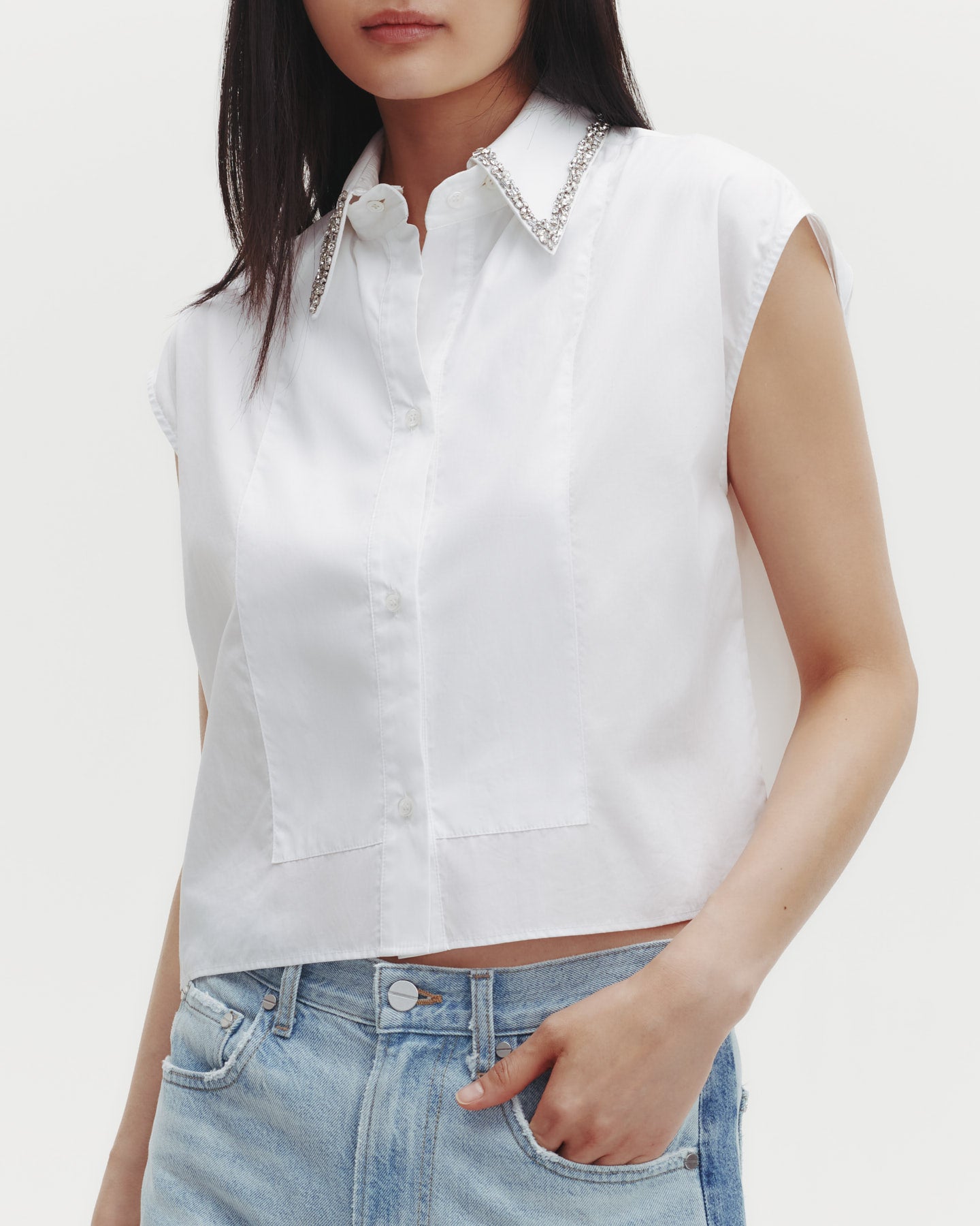 TWP White Cap Sleeve Top with Beaded Collar in Superfine Cotton view 2
