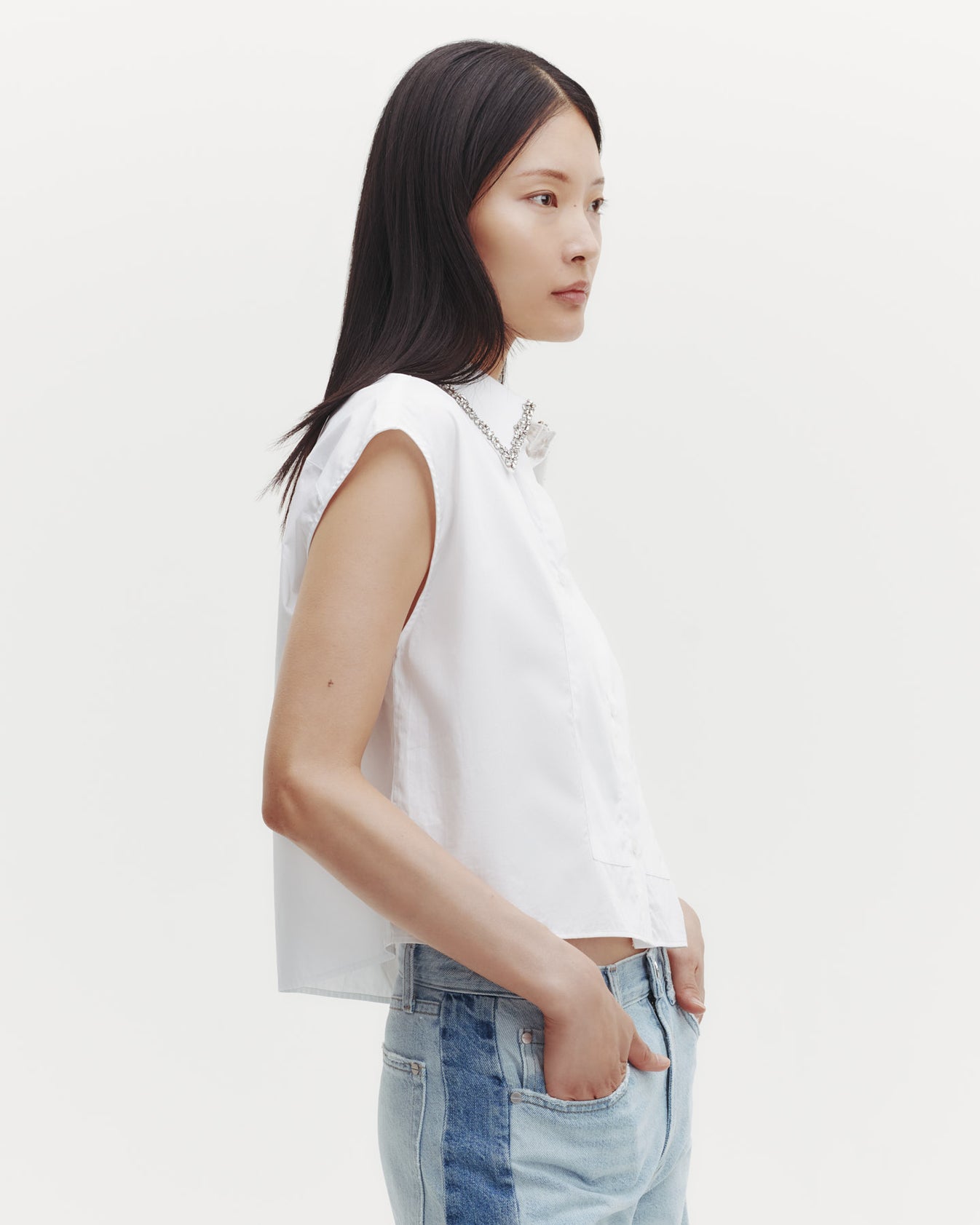TWP White Cap Sleeve Top with Beaded Collar in Superfine Cotton view 3