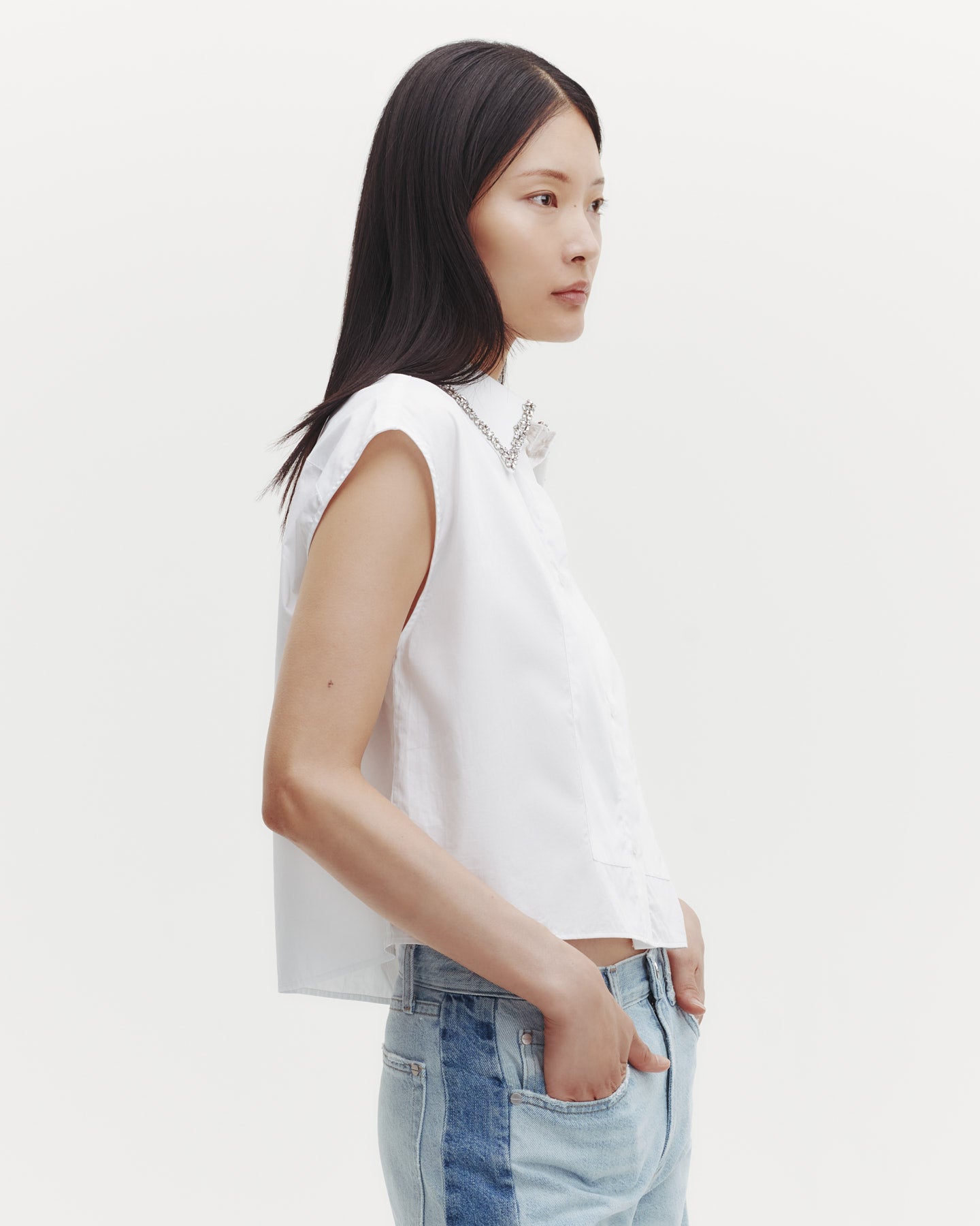 TWP White Cap Sleeve Top with Beaded Collar in Superfine Cotton view 3