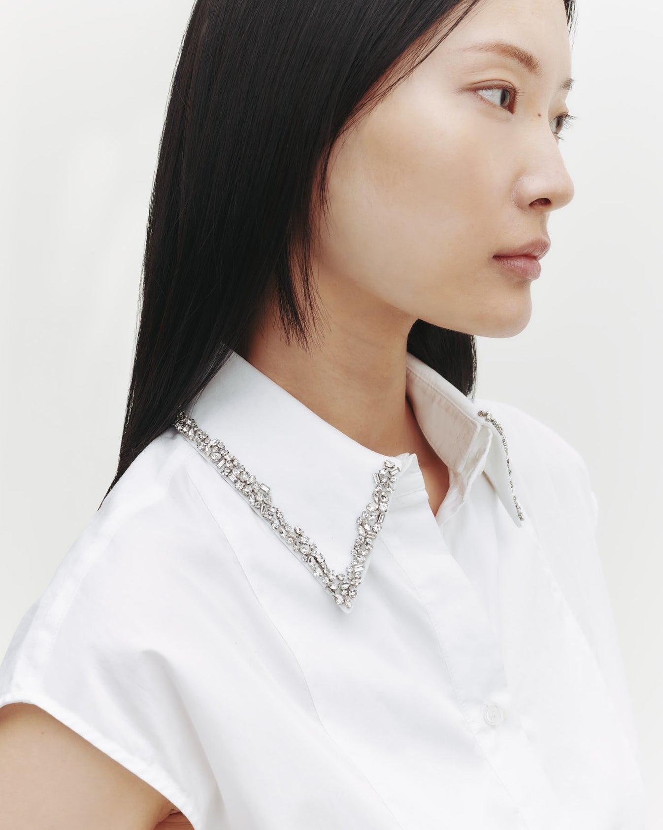TWP White Cap Sleeve Top with Beaded Collar in Superfine Cotton view 1