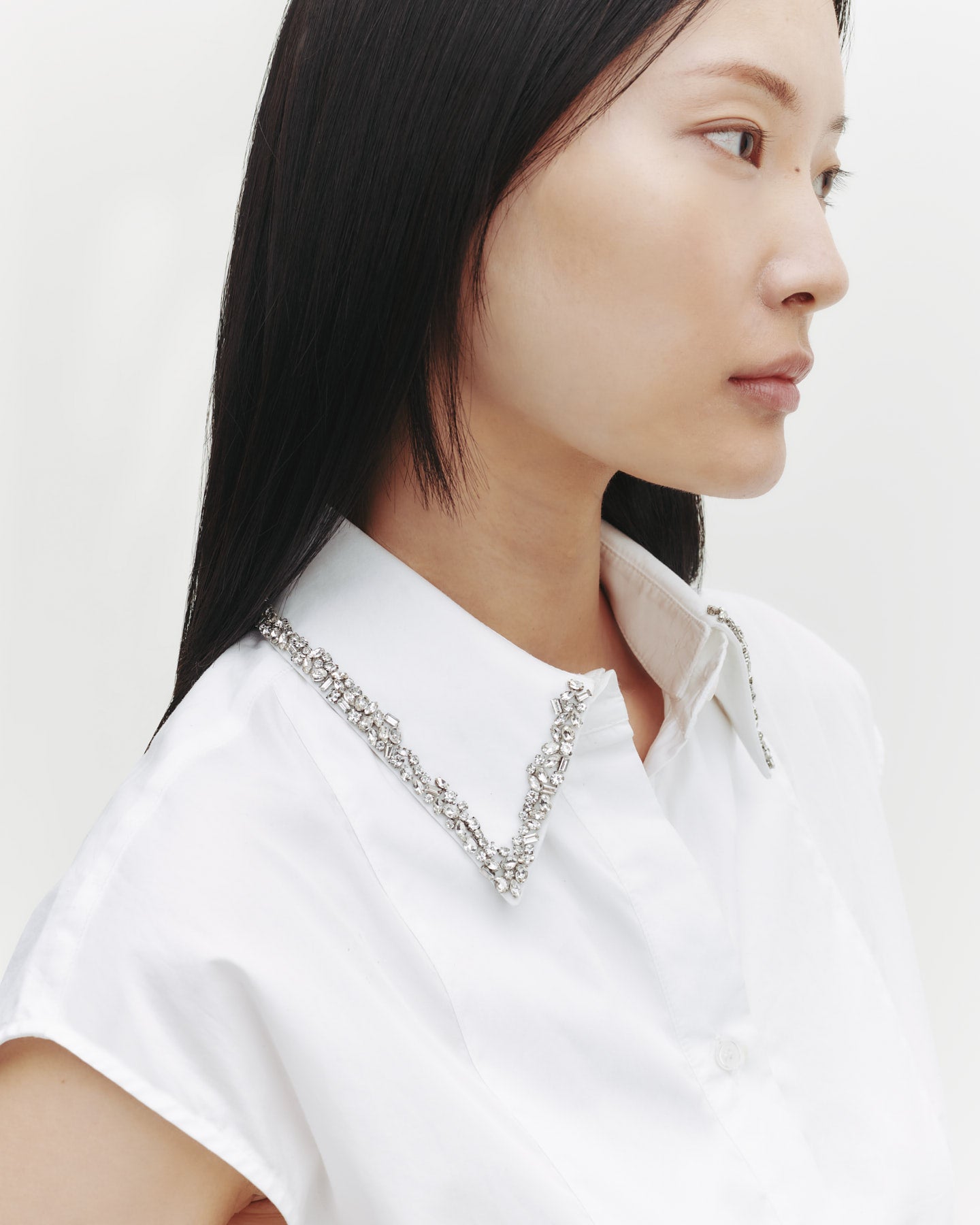 TWP White Cap Sleeve Top with Beaded Collar in Superfine Cotton view 1