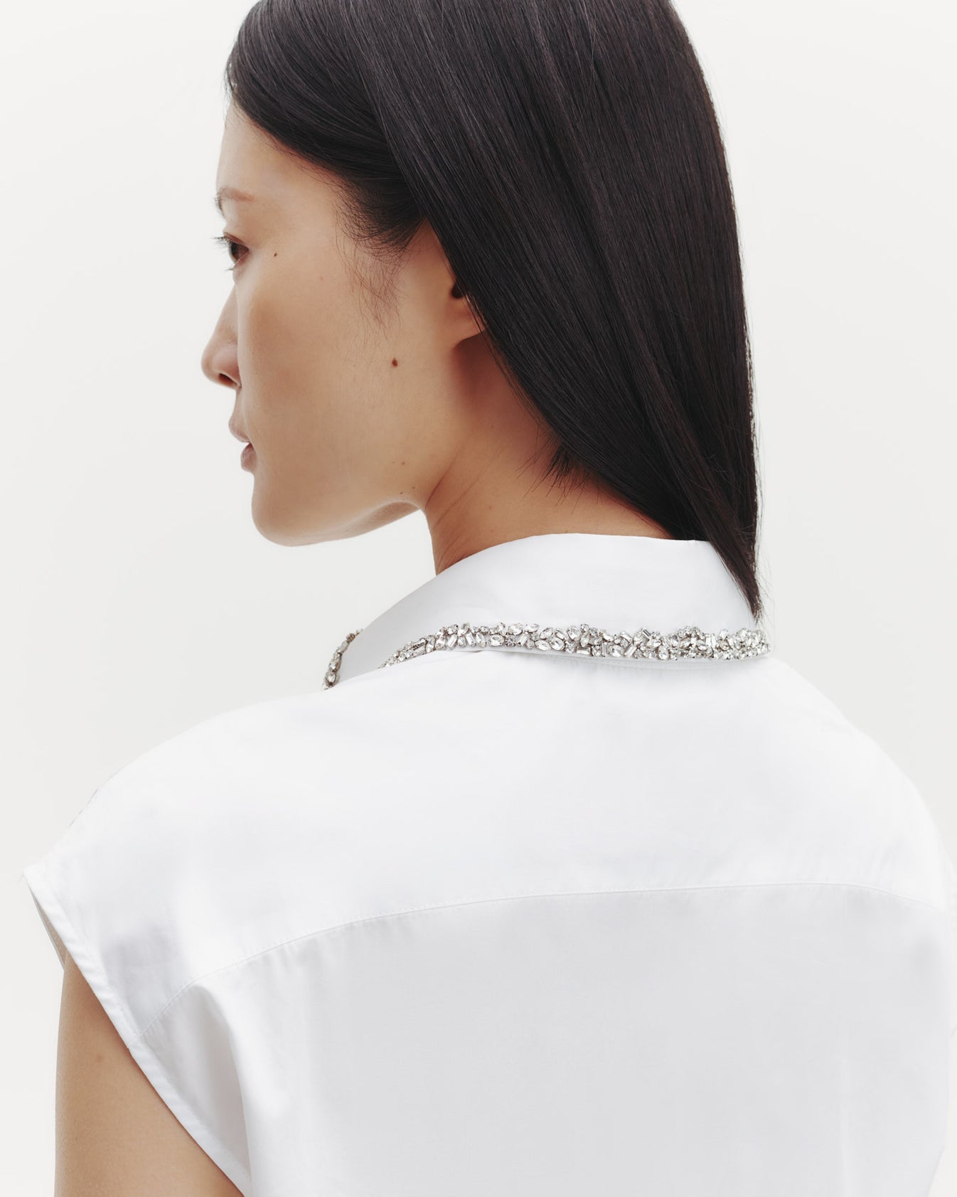 TWP White Cap Sleeve Top with Beaded Collar in Superfine Cotton view 4