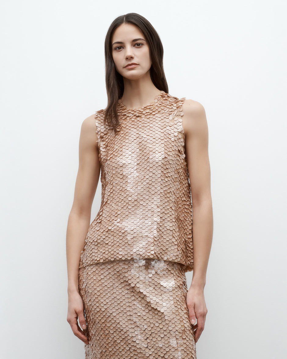 TWP Nude Shell Top with Pailettes on Mesh view 1