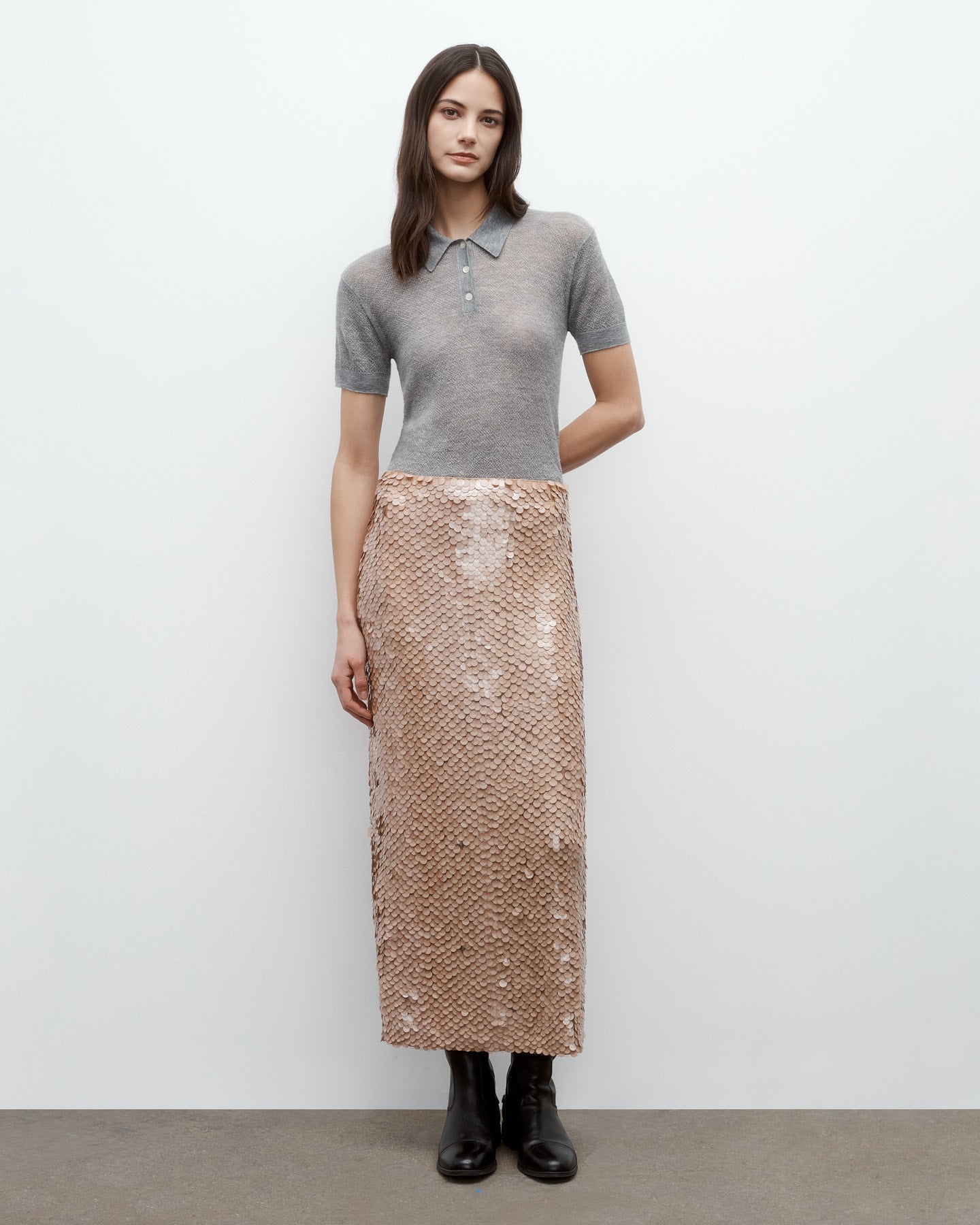 TWP Nude Gwyneth Skirt in Paillettes on Mesh view 2