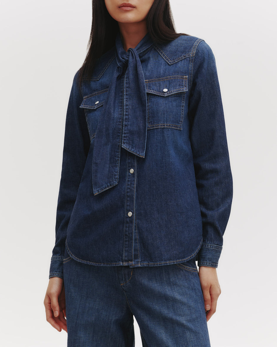 TWP Dark wash Rancher&#39;s Daughter Shirt With Tie in Lightweight Denim view 4