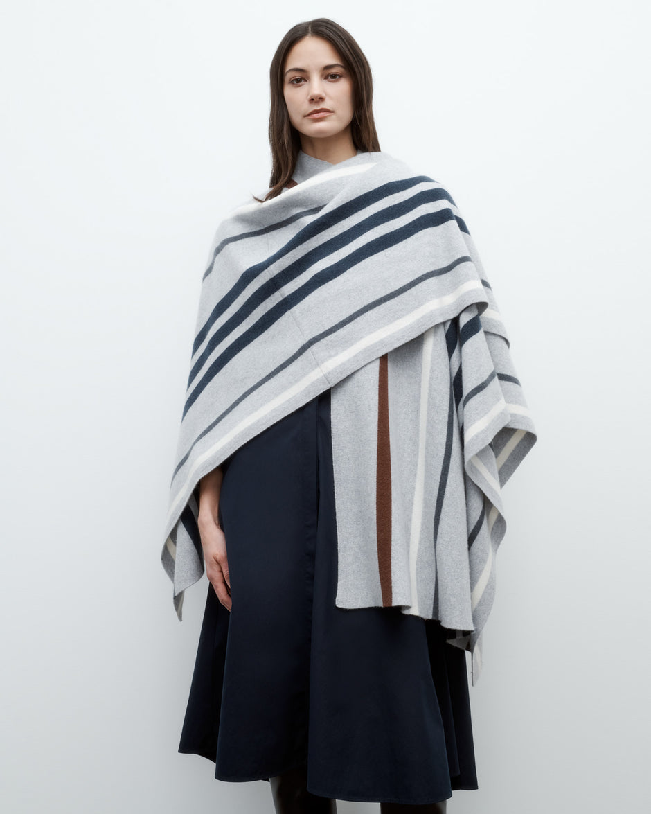 TWP Grey / navy multi Striped Wrap Poncho in Italian Cashmere view 1