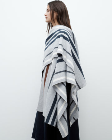 TWP Grey / navy multi Striped Wrap Poncho in Italian Cashmere view 4