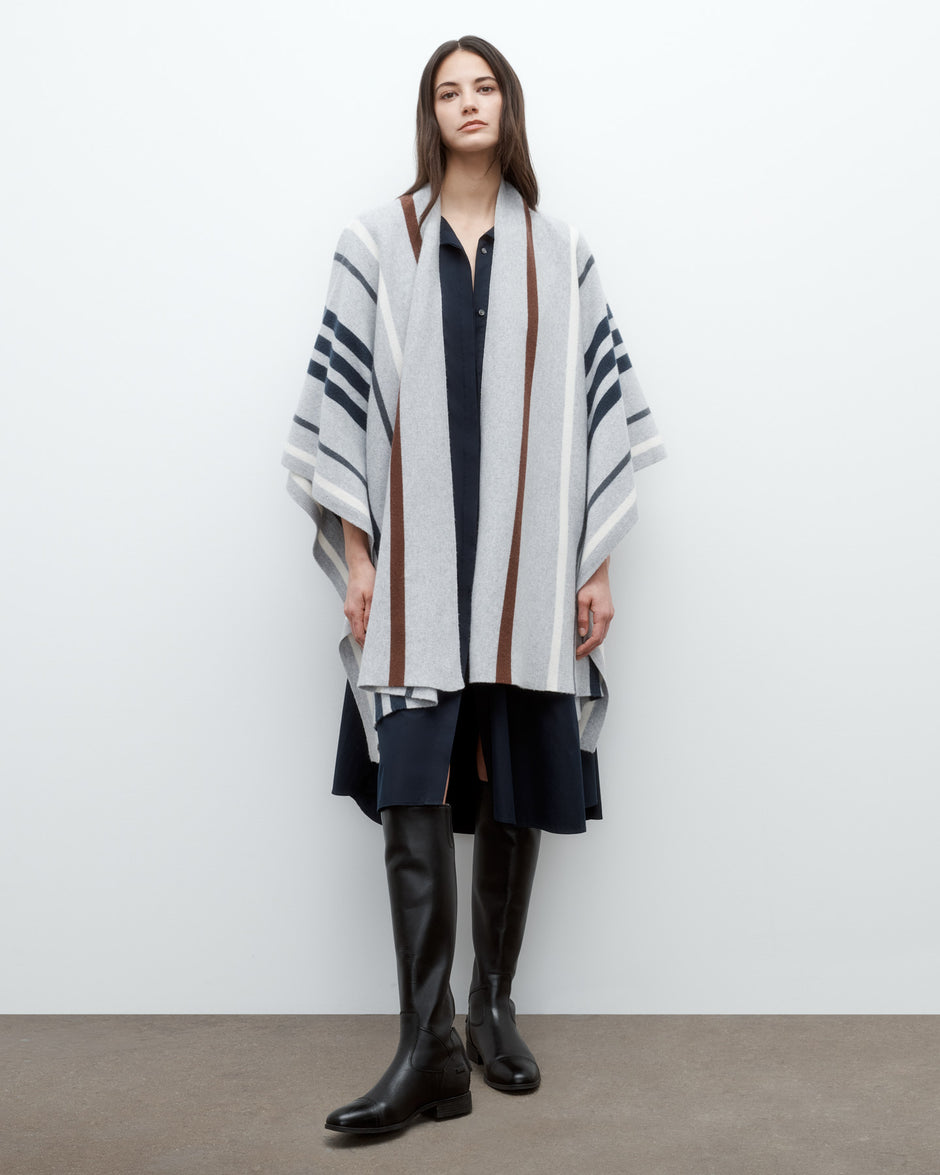 TWP Grey / navy multi Striped Wrap Poncho in Italian Cashmere view 5