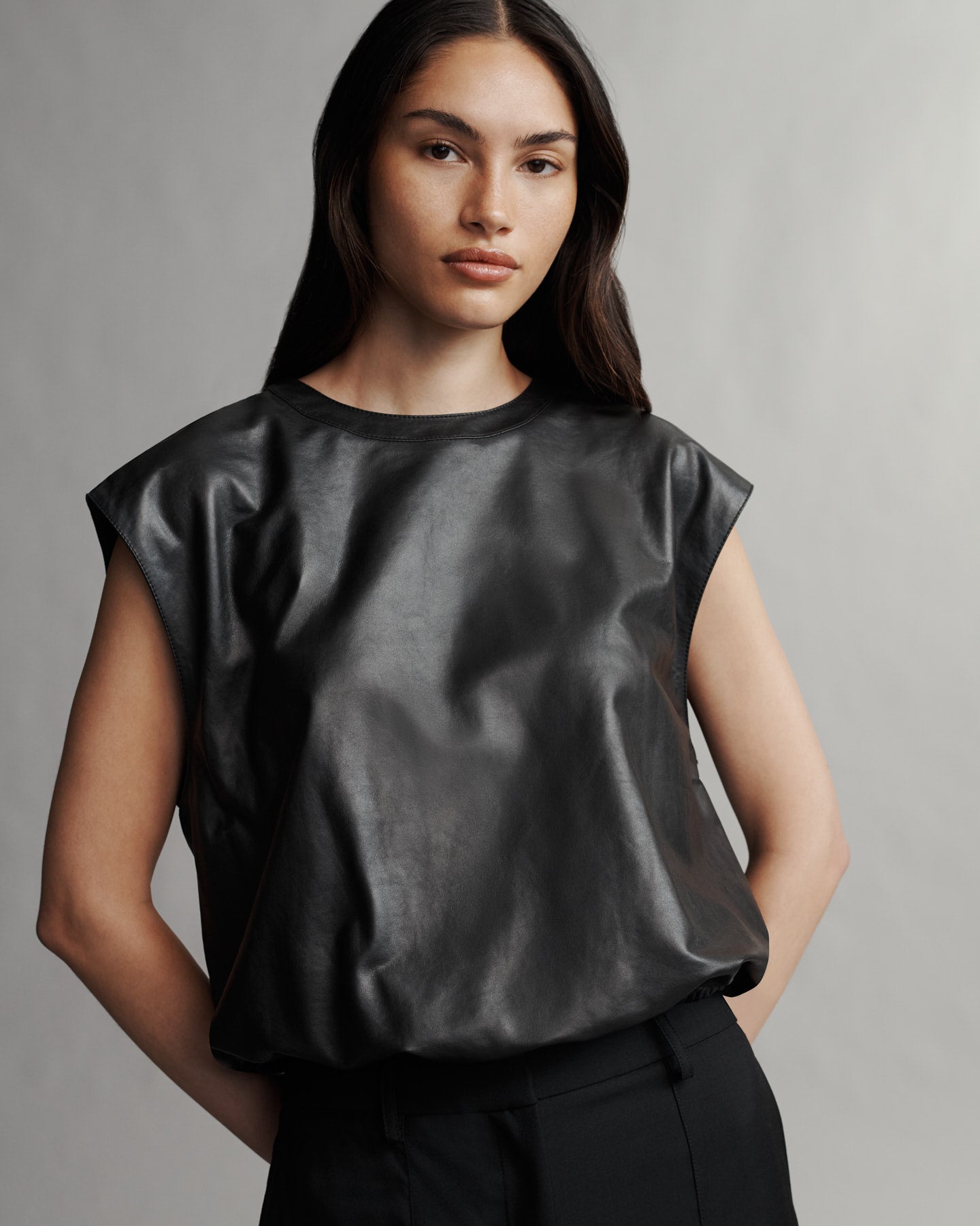 TWP Black Muscle Tee in Paper Leather view 2